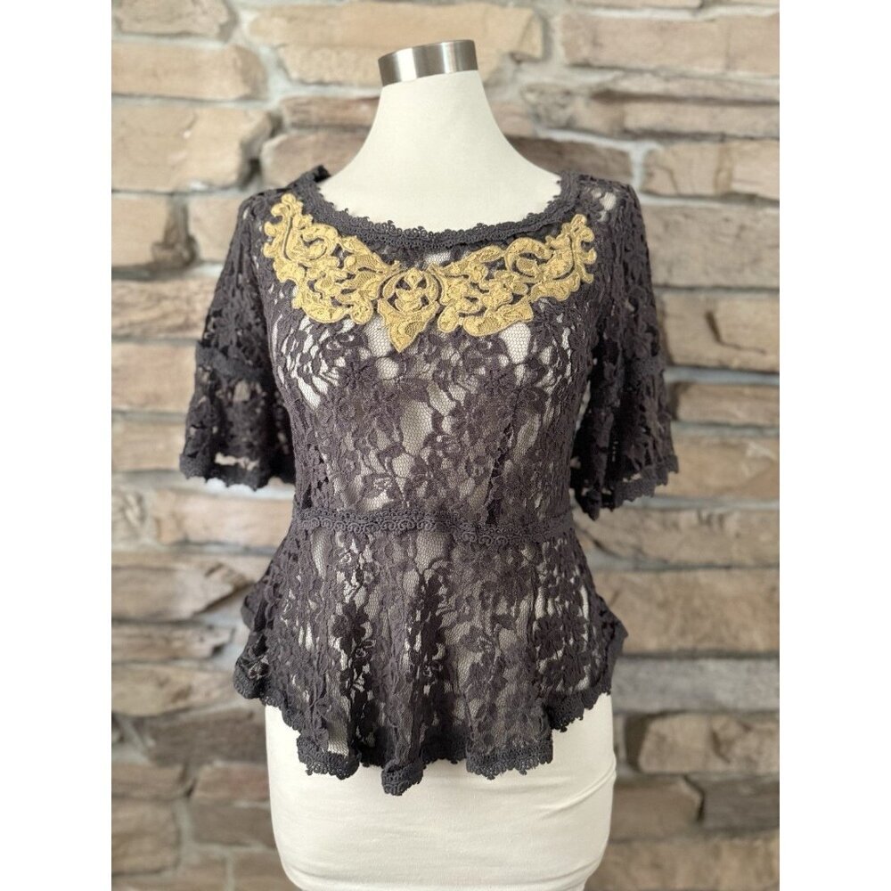 Free People La Cienega Lace Top Sz S Sheer Gray Peplum Flutter Sleeve Boho Chic